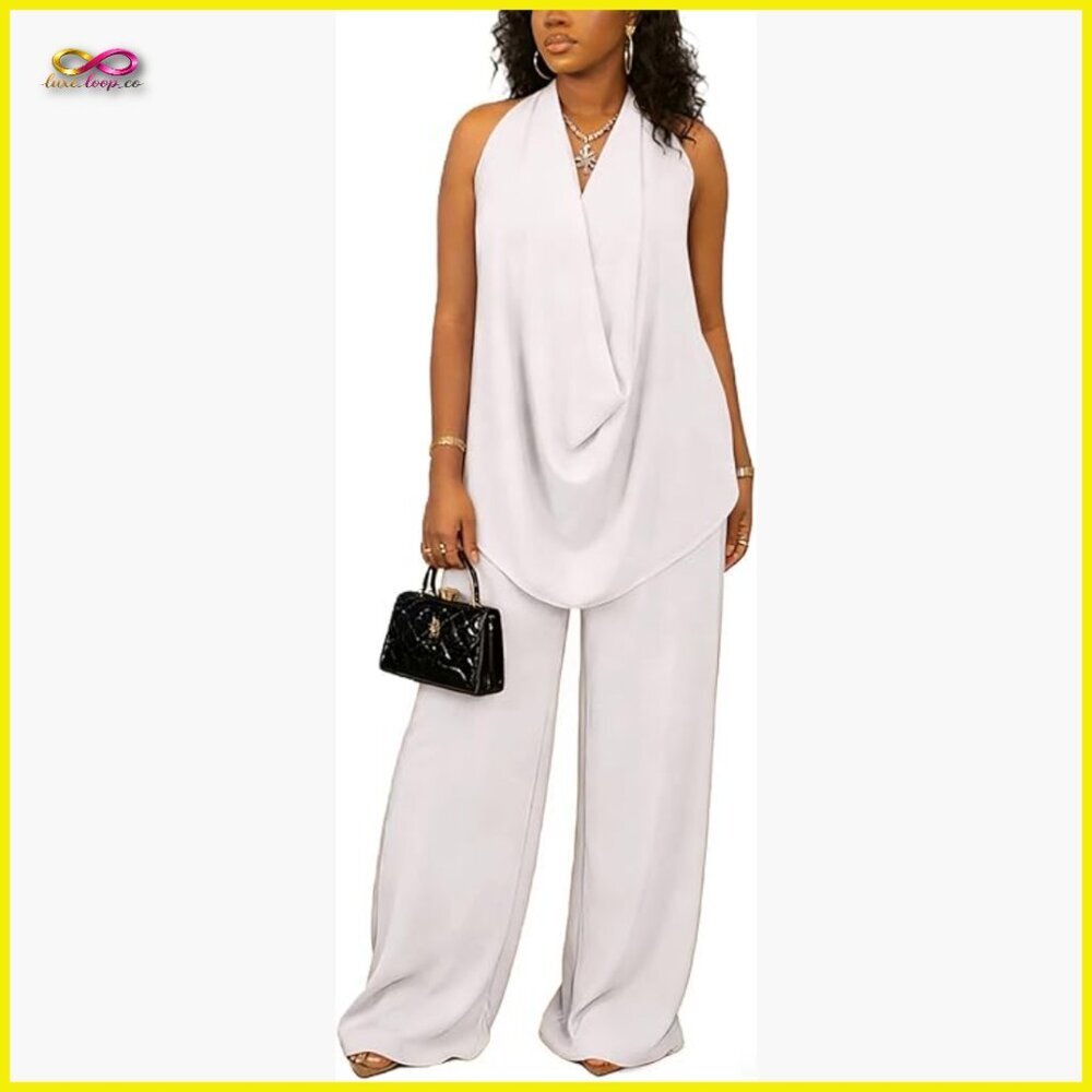 Sexy Halter Top and Wide Leg Pants Matching Set Open Back Vacation Outfit